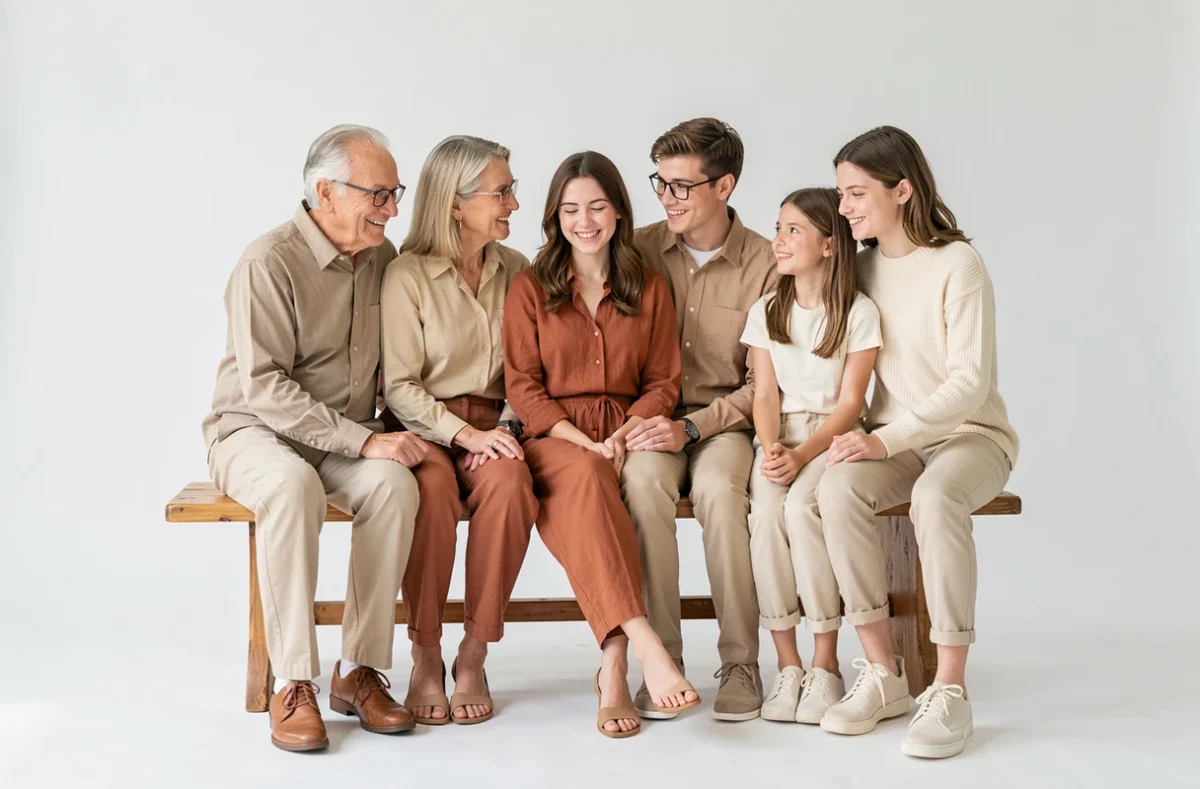Portrait de famille multigénérationnelle dans un studio photo à Abbeville avec tenues coordonnées