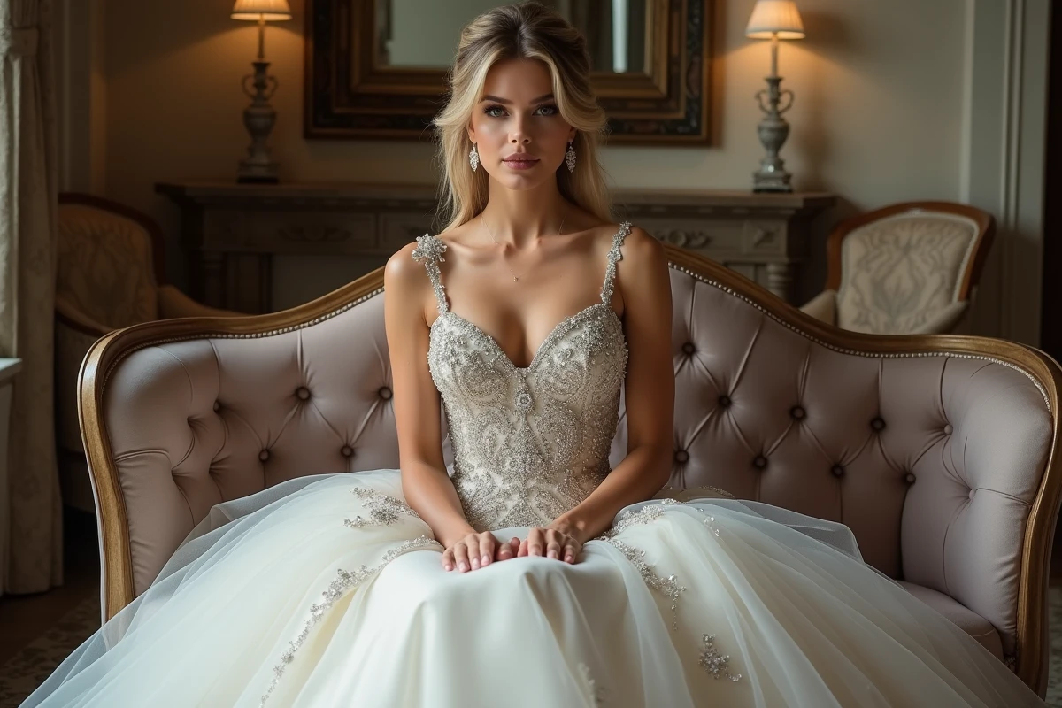 Portrait trois quarts d'une mariée en robe princesse à sequins argentés assise sur un canapé vintage