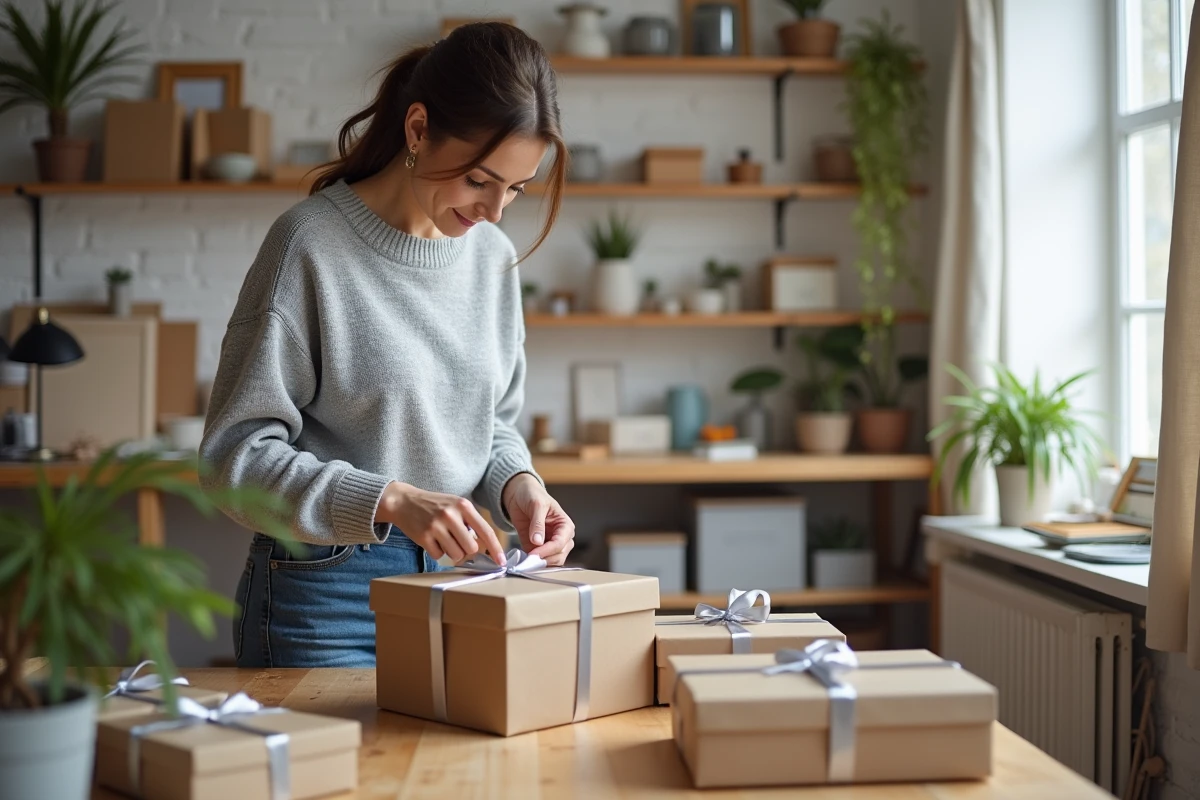 Femme préparant des cadeaux pour un anniversaire de mariage avec des boîtes en kraft et rubans satin