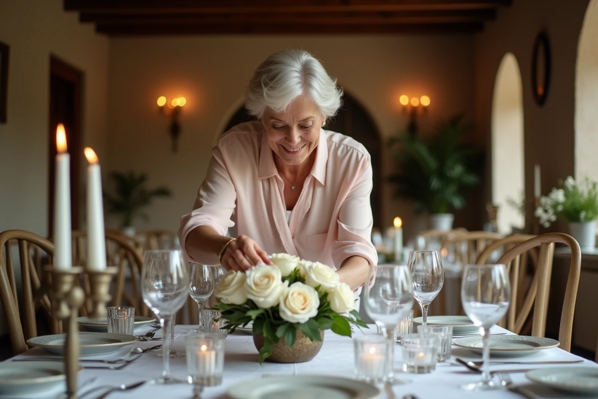 Femme préparant une table d'anniversaire de mariage décorée de mousseline et de roses blanches pour les 36 ans de noces