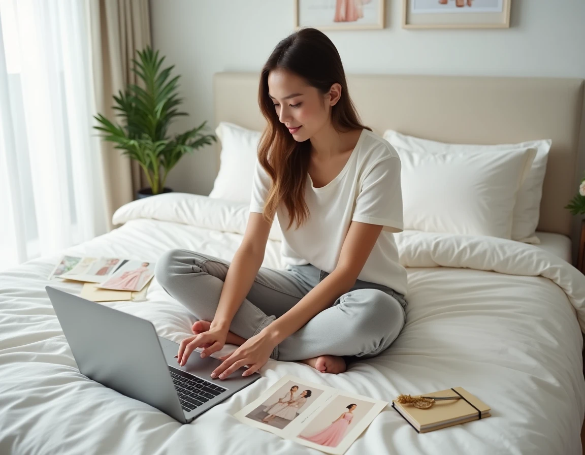 Jeune femme qui recherche une robe de mariée bohème pas cher sur internet depuis son appartement