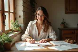 Femme rédigeant des faire-part de mariage bilingues à la main sur un bureau en bois rustique en France