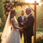 Couple mature souriant sous arche florale lors d'une cérémonie