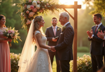 Couple mature souriant sous arche florale lors d'une cérémonie
