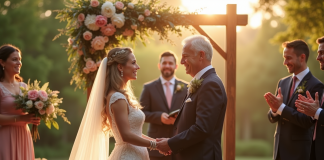 Couple mature souriant sous arche florale lors d'une cérémonie