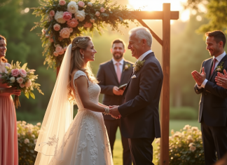 Couple mature souriant sous arche florale lors d'une cérémonie