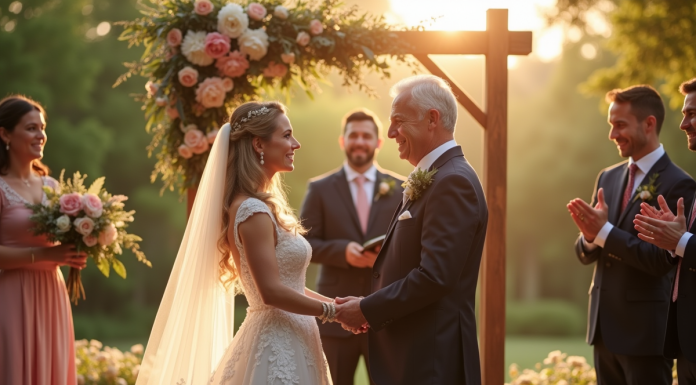 Couple mature souriant sous arche florale lors d'une cérémonie