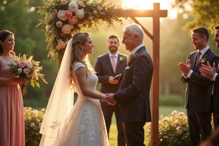 renouvellement-vows-garden Couple mature souriant sous arche florale lors d'une cérémonie