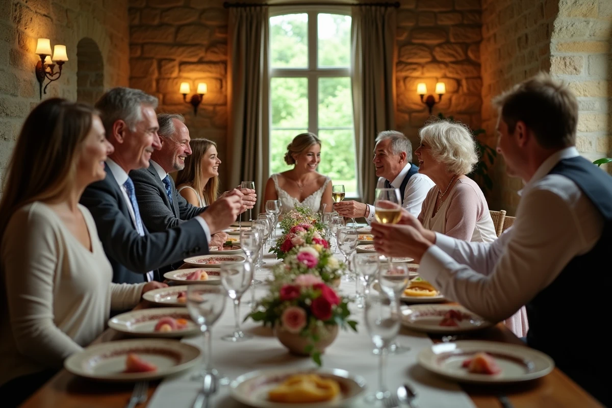 Groupe d invités lors d’un repas de mariage convivial