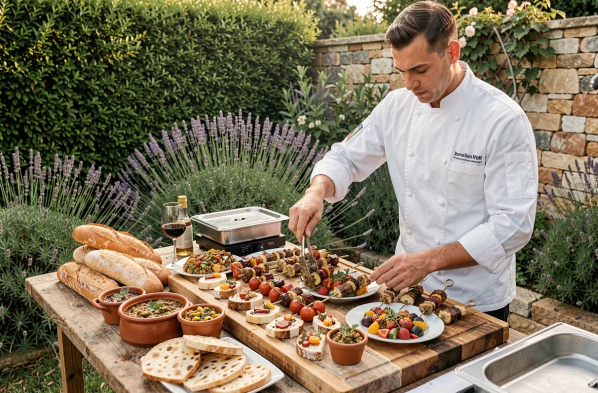 Chef traiteur à domicile préparant des mezzes provençaux et des brochettes grillées lors d'un mariage en jardin avec haie de lavande et mur en pierre