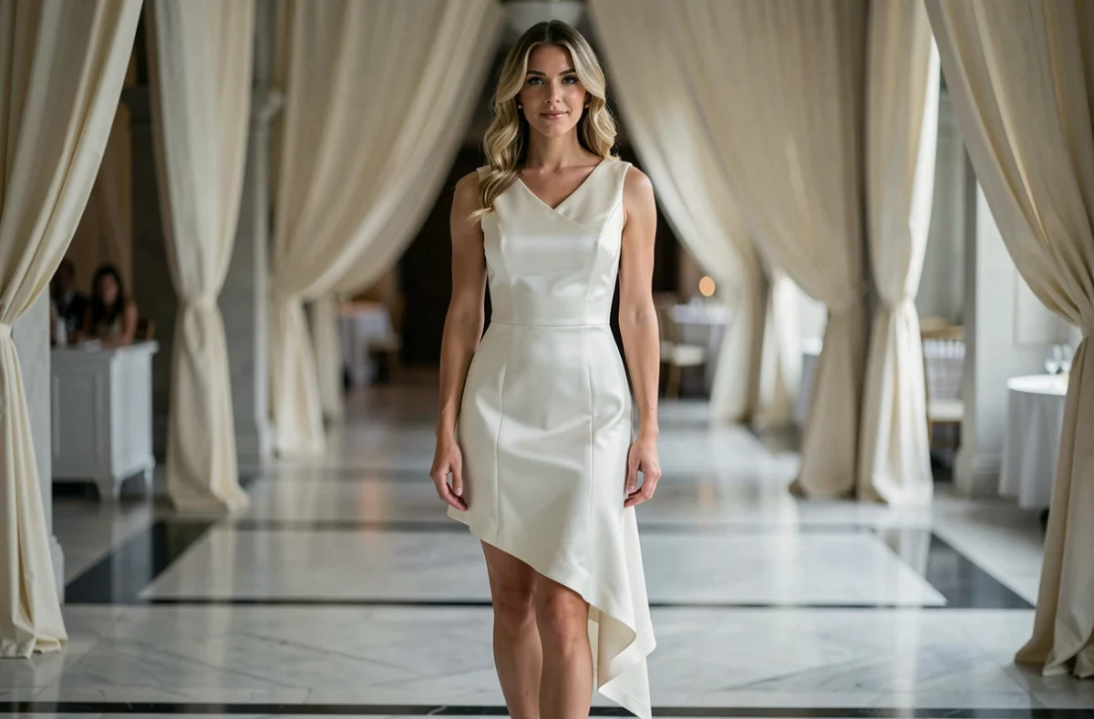 Grande femme élancée en robe de mariée courte asymétrique dans une salle de réception élégante