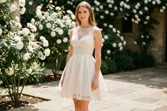 Petite femme en robe de mariée courte coupe A avec dentelle dans un jardin fleuri