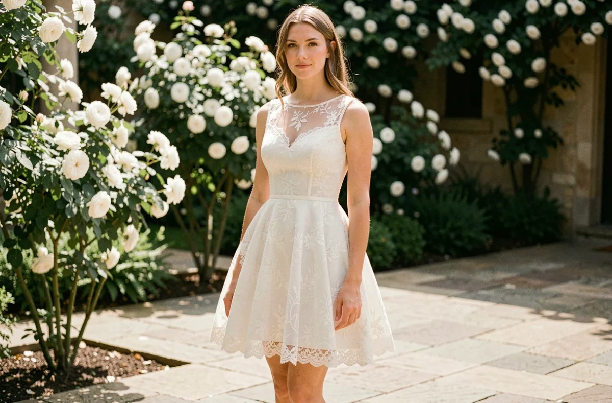 Petite femme en robe de mariée courte coupe A avec dentelle dans un jardin fleuri