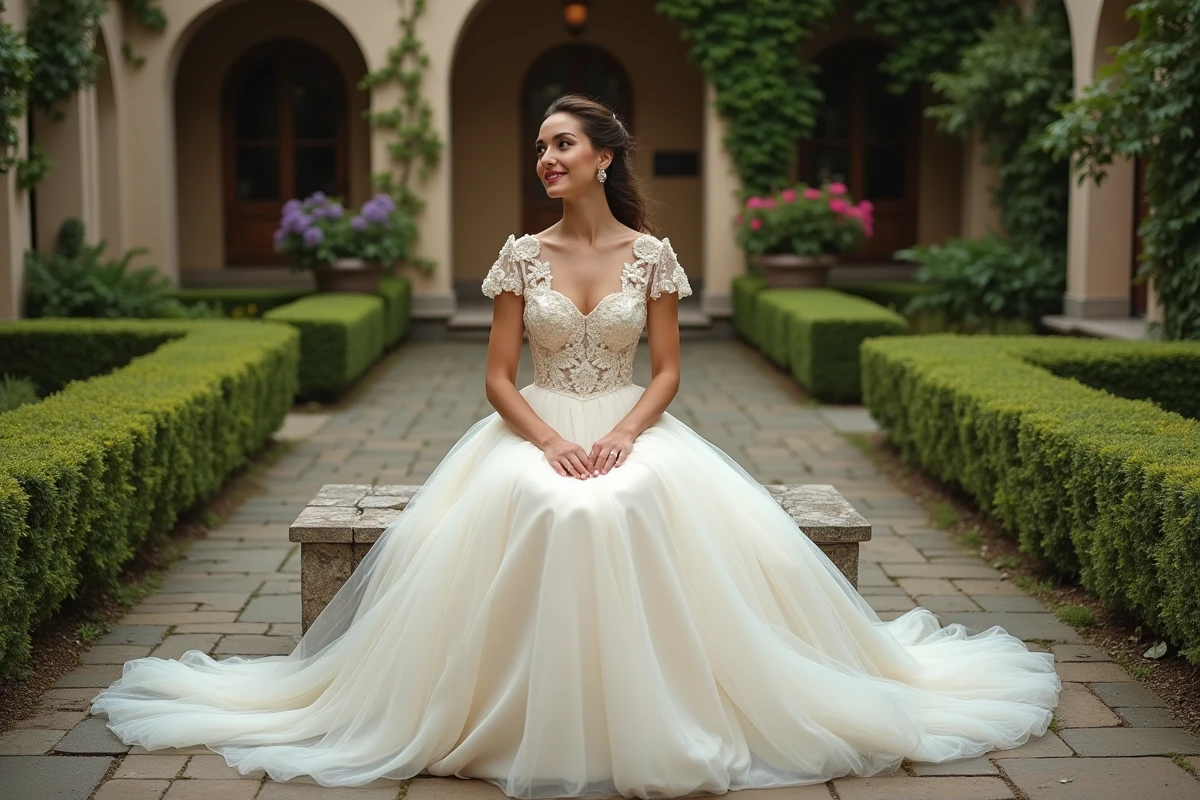 Femme en robe de mariée gitane volumineuse avec dentelle florale dans une cour pavée