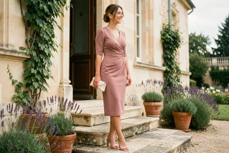 Femme élégante en robe midi rose poudré habillée pour un mariage sur les marches d'un château français