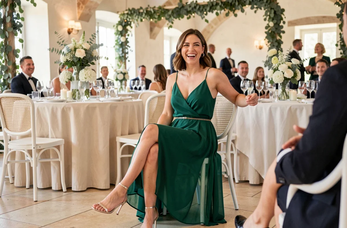Invitée de mariage en robe longue verte en mousseline assise dans une salle de réception provençale décorée de fleurs blanches