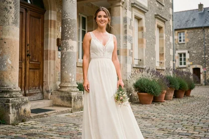 Femme en robe de mariée bohème simple en mousseline ivoire devant une mairie française en pierre