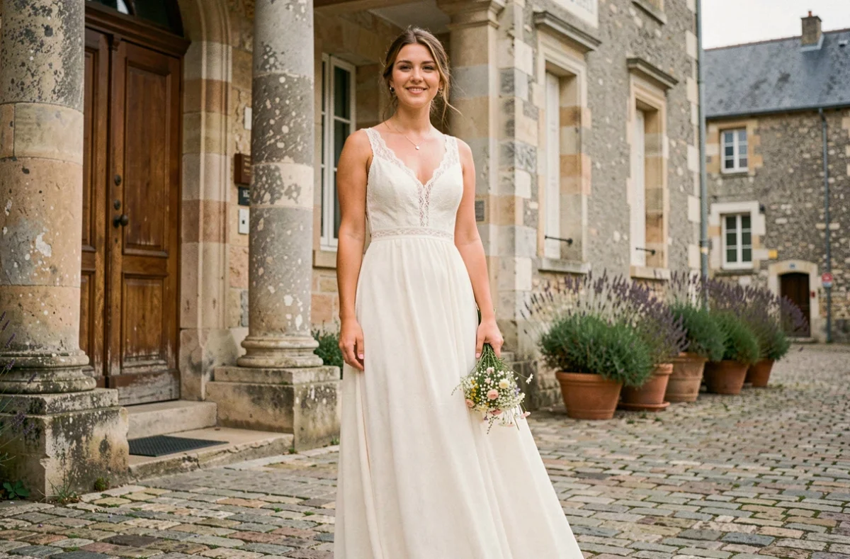 Femme en robe de mariée bohème simple en mousseline ivoire devant une mairie française en pierre