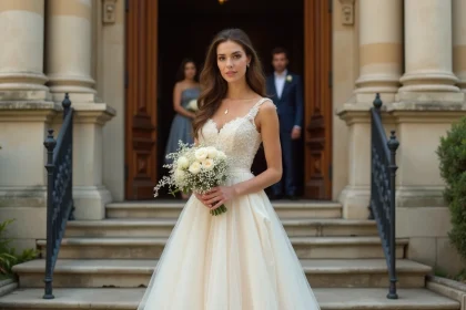 Mariée en robe gitane blanche brodée devant la mairie pour un mariage civil