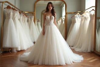 Jeune femme portant une robe de mariée ivoire princesse à jupe en tulle volumineuse dans un atelier de couture parisien avec miroirs dorés