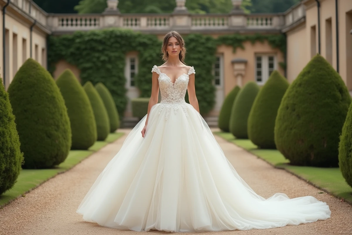 Mariée en robe ivoire princesse à broderies florales dans le jardin d'un château français avec haies de buis taillées