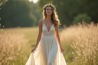 Femme portant une robe de mariée bohème chic en dentelle et mousseline dans un champ de fleurs sauvages