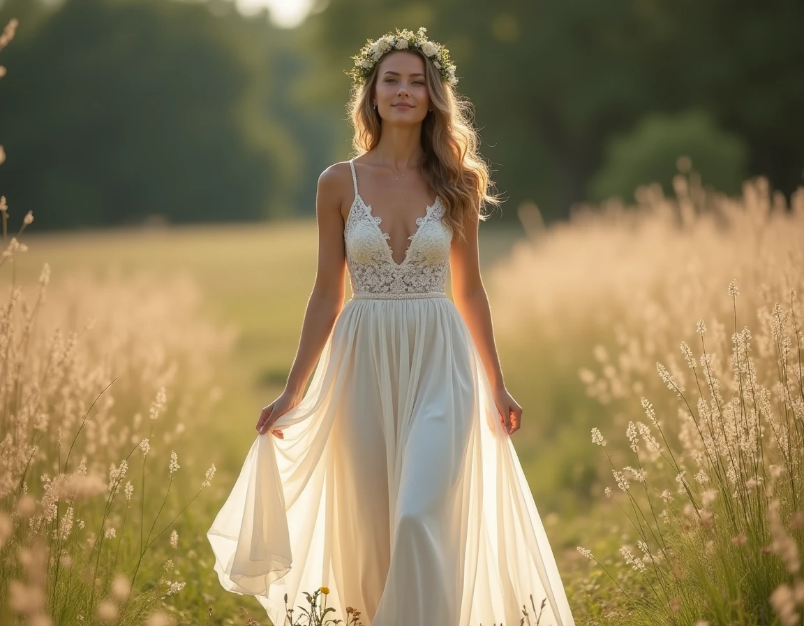 Femme portant une robe de mariée bohème chic en dentelle et mousseline dans un champ de fleurs sauvages