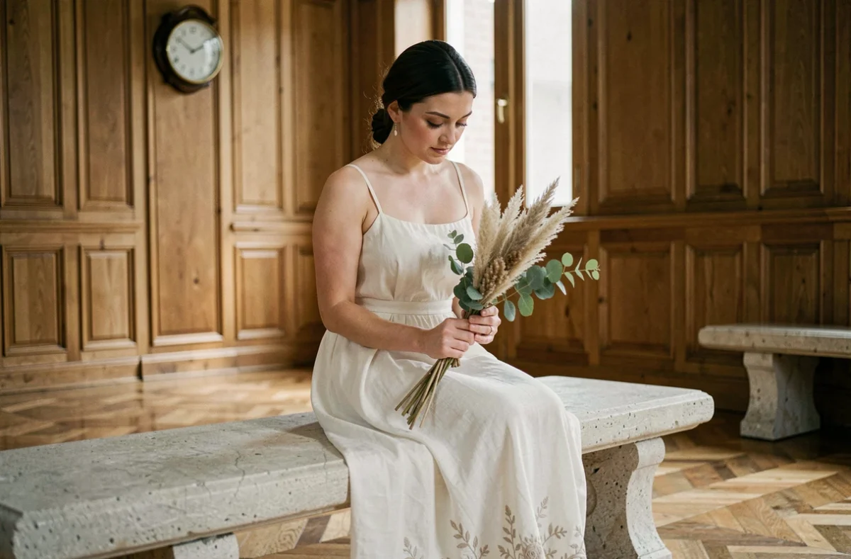 Mariée en robe bohème blanche à broderies florales assise dans une salle d'attente de mairie