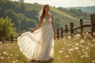 Jeune mariée en robe champêtre ivoire à dentelle dans un champ de fleurs sauvages pour un mariage bucolique petit budget