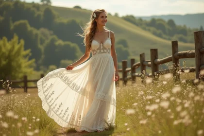 Jeune mariée en robe champêtre ivoire à dentelle dans un champ de fleurs sauvages pour un mariage bucolique petit budget