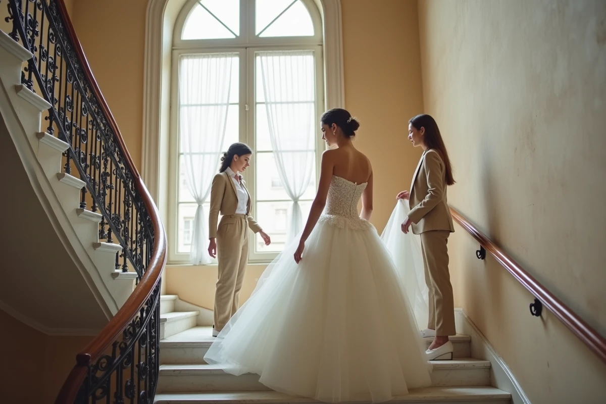 Styliste arrangeant la traîne d'une robe de mariée ivoire princesse en tulle sur un grand escalier en marbre dans un immeuble haussmannien