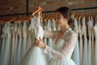 Femme essayant une robe de mariée à manches en dentelle vintage dans une boutique de seconde main