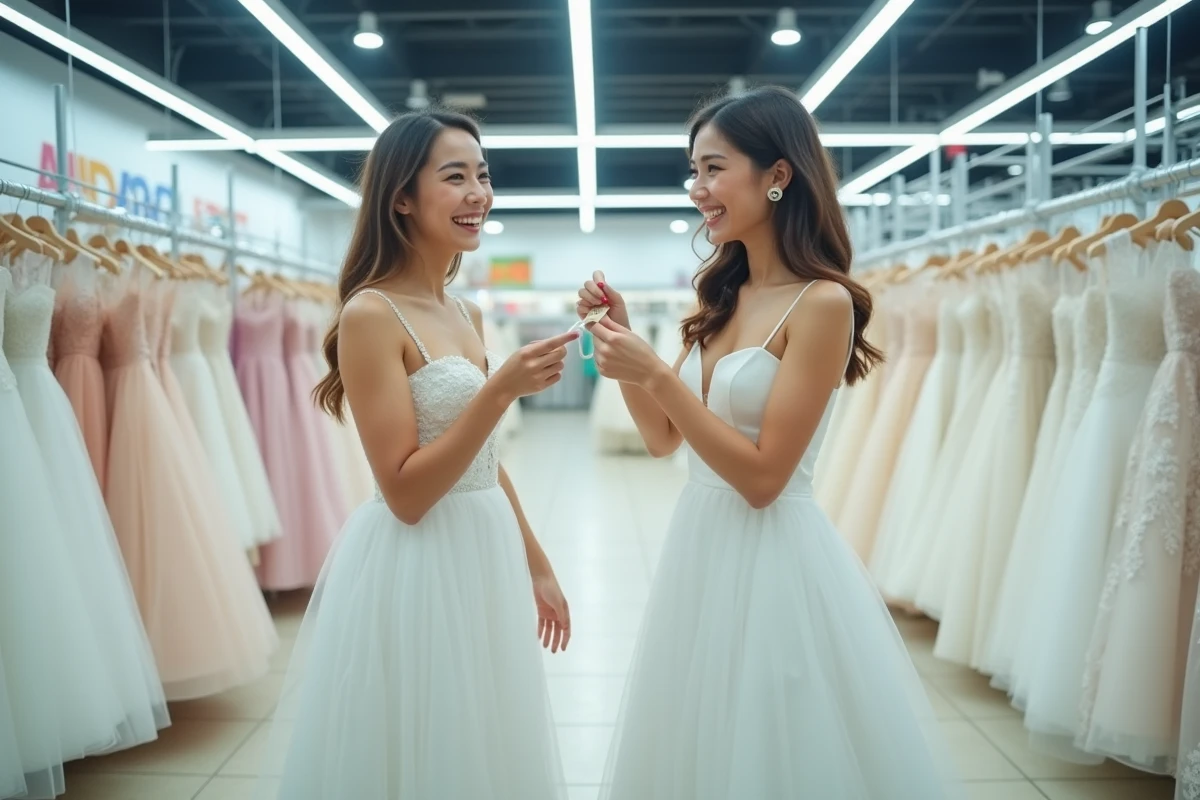 Deux amies découvrant une robe de mariée pas cher dans un grand magasin de robes de mariée discount