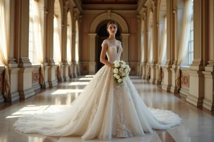 Mariée en robe princesse strass et paillettes dans un château historique aux sols en marbre