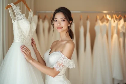 Mariée essayant une robe de mariée sur mesure dans une boutique spécialisée, comparant deux modèles élégants