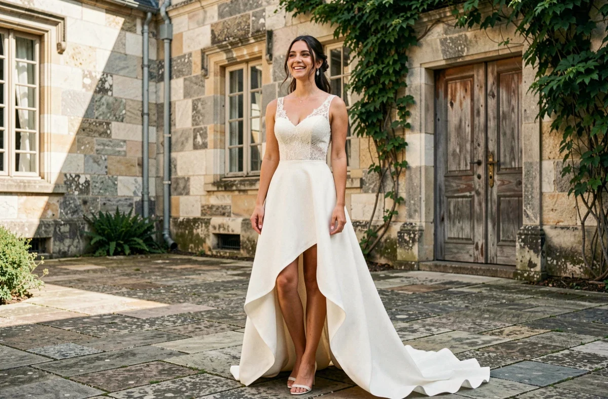 Jeune femme portant une robe meringue vintage modernisée avec une jupe asymétrique et un corsage en dentelle dans la cour ensoleillée d'un manoir français