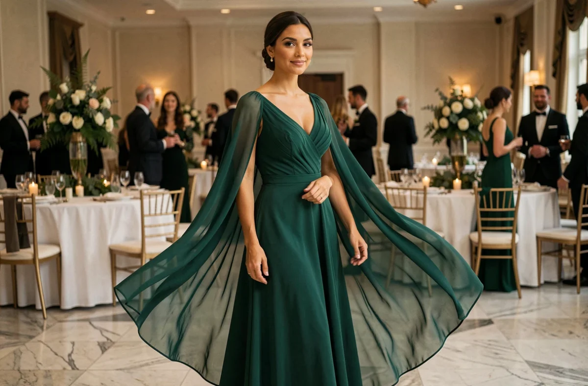 Femme au teint mat olive en robe verte émeraude longue lors d'une réception de mariage intérieure