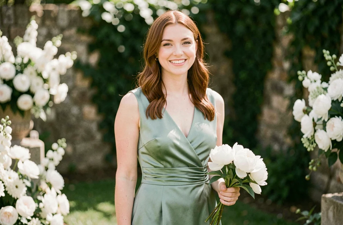 Femme au teint clair portant une robe verte sauge en satin pour un mariage en jardin