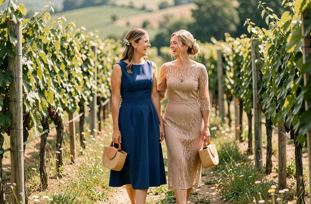 Deux invitées de mariage en robes habillées bleue et beige se promenant dans un vignoble en été