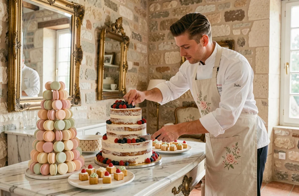 Chef de Chris'Cooking finalisant la décoration d'une table de desserts de mariage dans une villa de la Riviera avec pièce montée, macarons et petits fours