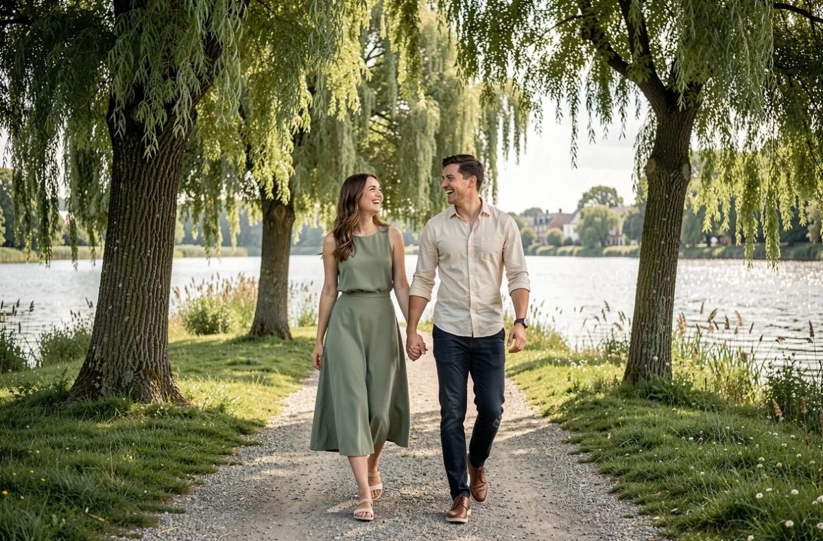 Séance photo de couple en extérieur au bord de la Somme à Abbeville lors de fiançailles