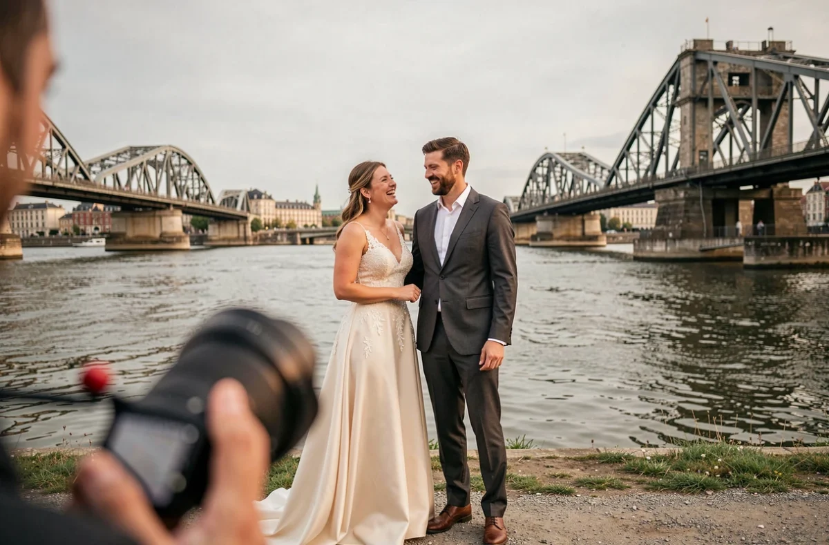 Couple de mariés photographié en extérieur au bord de la Loire à Nantes lors de leur séance photo de mariage