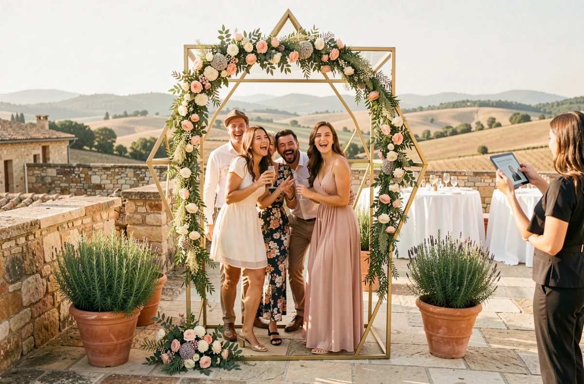 Invités profitant d'un photobooth floral doré lors d'une réception de mariage en plein air sur une terrasse provençale avec Selfiebooth Events