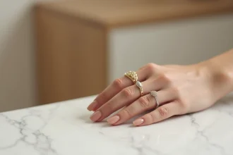 Main de femme portant plusieurs bagues en or et argent sur différents doigts posée sur marbre blanc