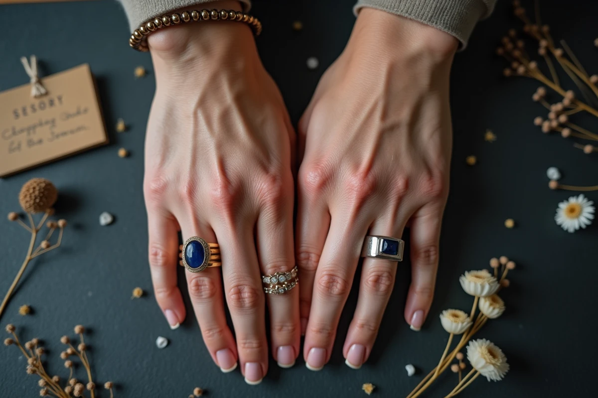 Mains d'homme et de femme portant différentes bagues sur ardoise sombre avec fleurs séchées