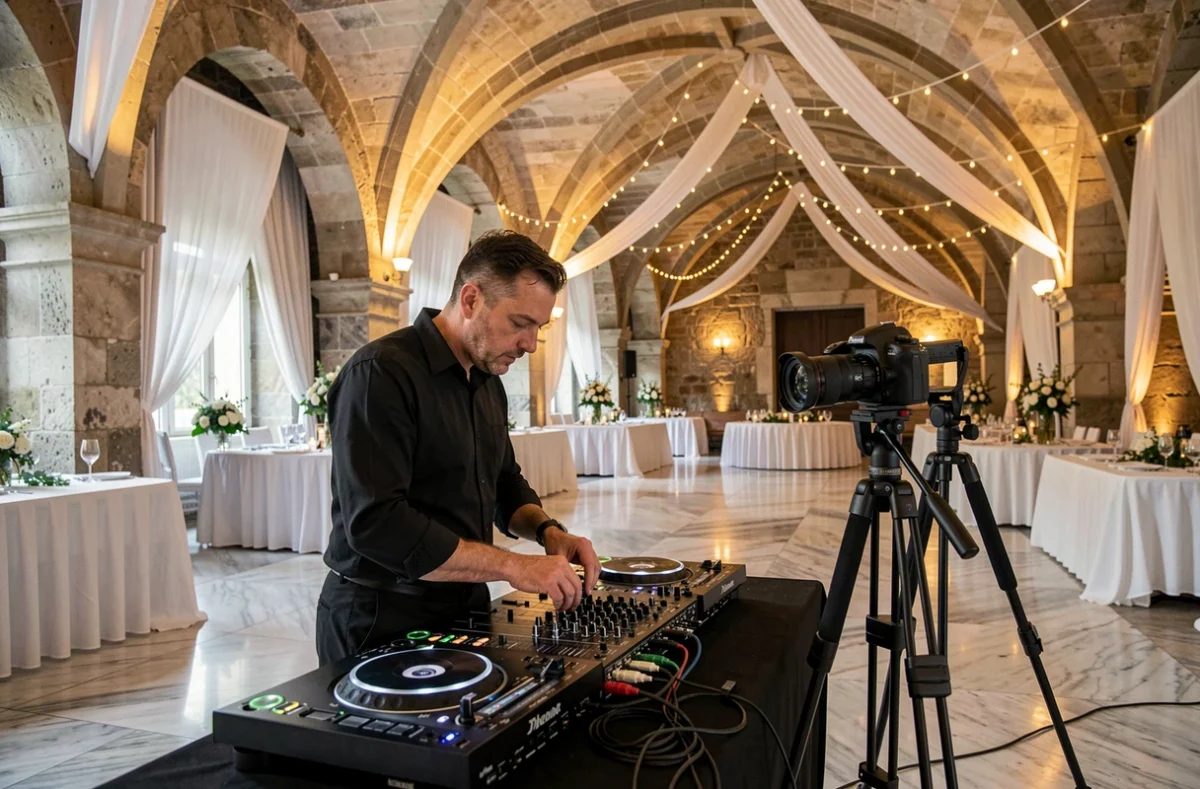Professionnel de SONOMEDIA13 gérant simultanément sa table de mixage DJ et son équipement photo lors d'un mariage à Marseille