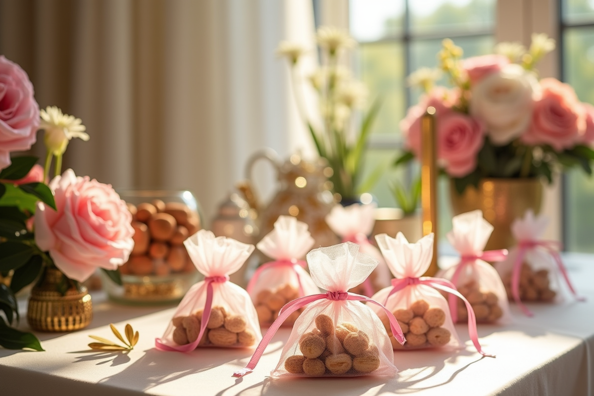Table de cadeaux de mariage avec sachets d amandes et décorations dorées