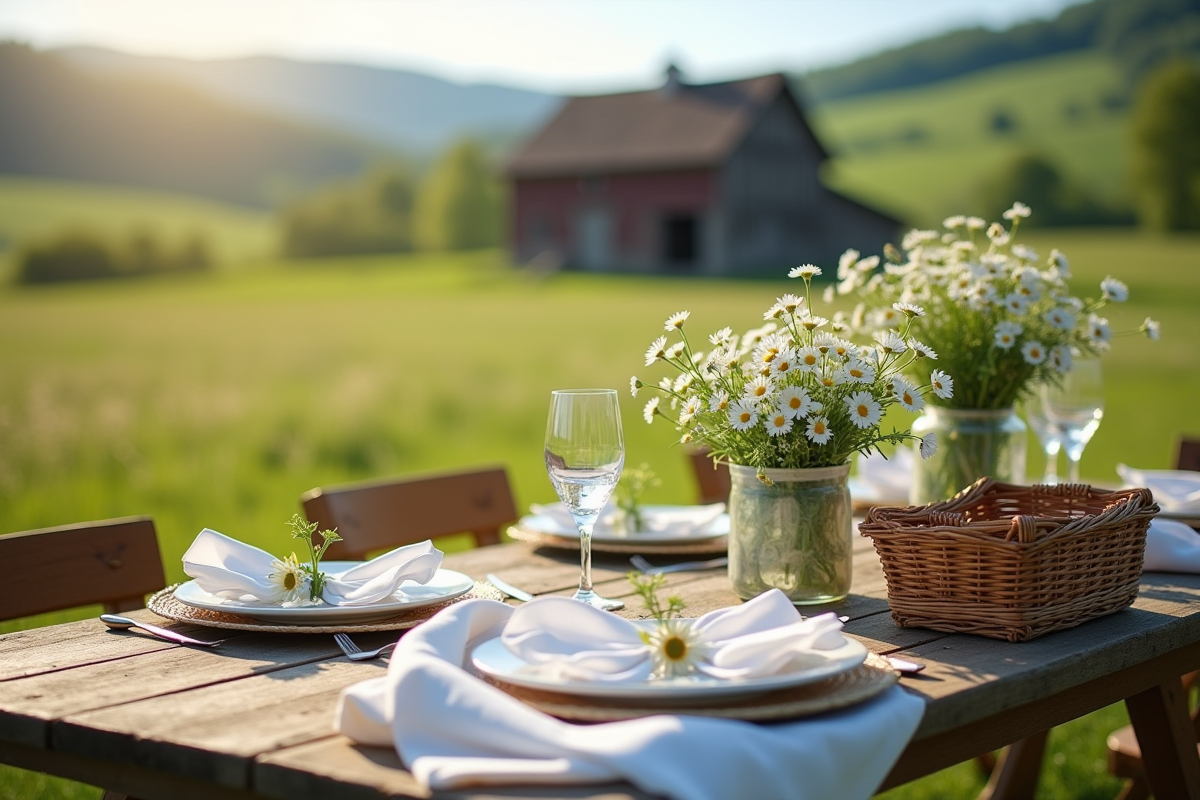 Table rustique dans la campagne avec fleurs blanches et vaisselle vintage