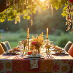 Table extérieure ensoleillée avec chaises colorées et attrape-rêves