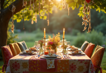 Table extérieure ensoleillée avec chaises colorées et attrape-rêves